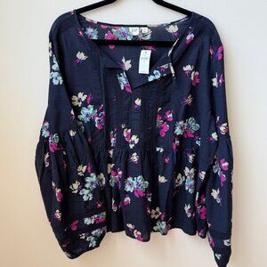 GAP Navy Blue Floral Blouse with Bell Long Sleeves XXL - NWT